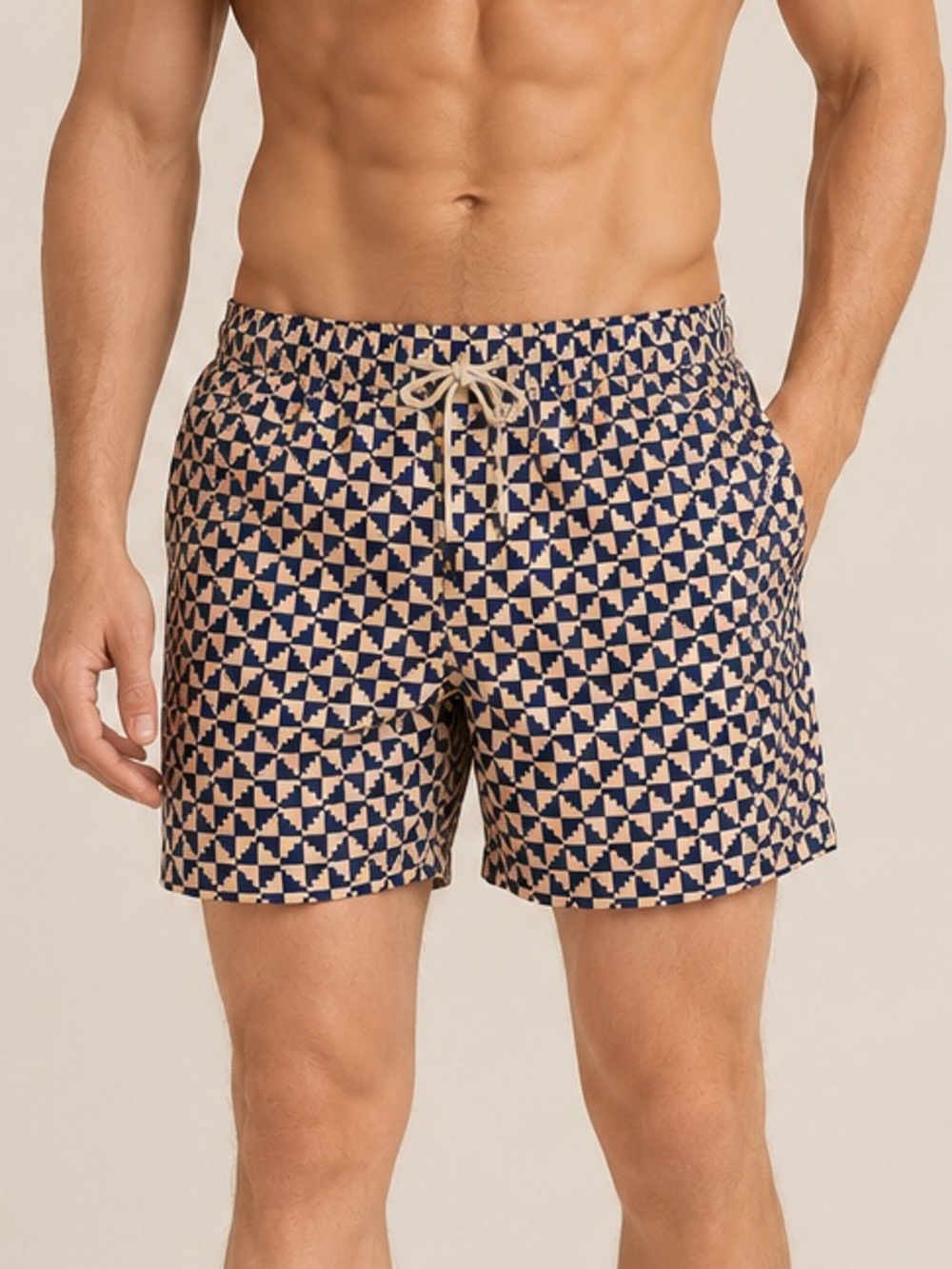 OAS Puzzle Print Lined Swim Shorts Tan Navy Blue Size Large